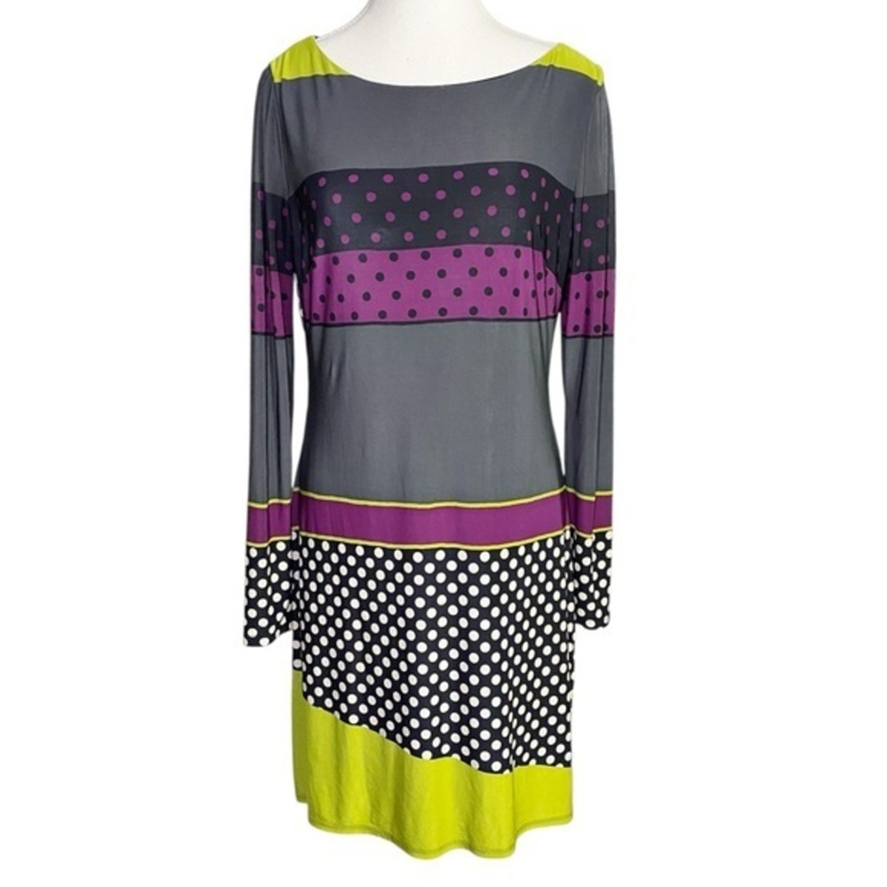 Nine West Gray, Purple, & Green Polka Dot & Striped Long Sleeve Shift Dress